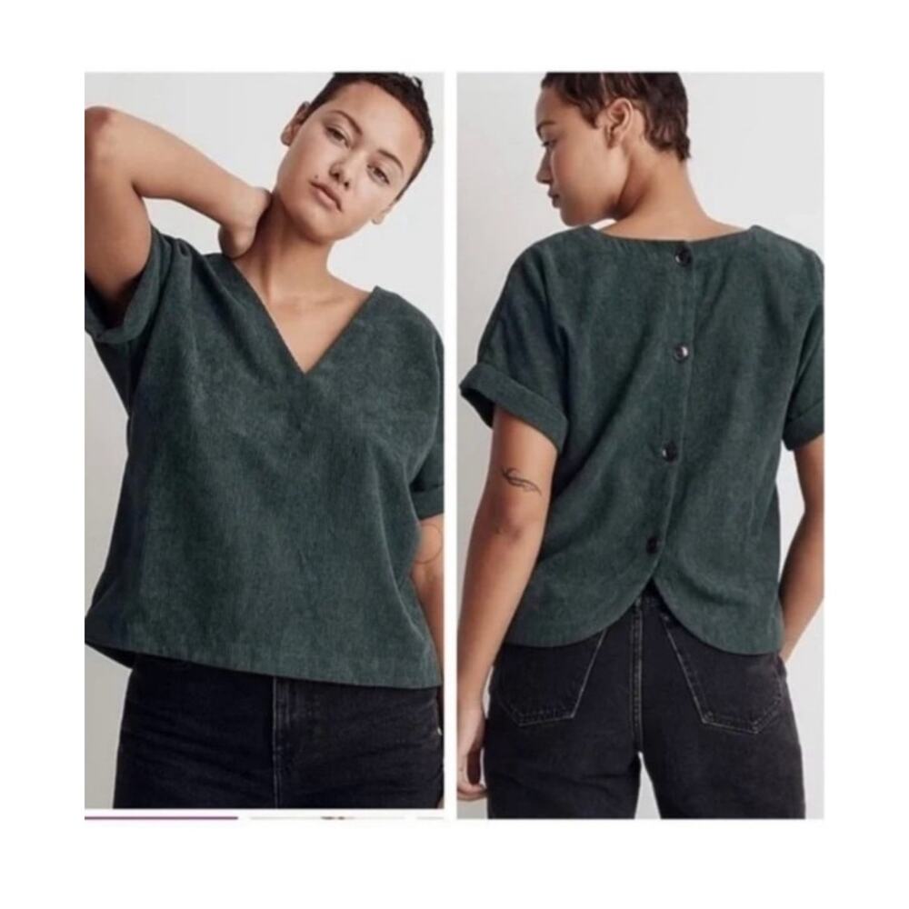 Madewell Renata corduroy v neck top green size xs
